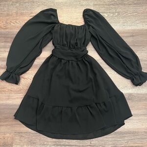 Exlura Long Lantern Sleeve Square Neck Elastic Waist Aline Casual Mini Dress S